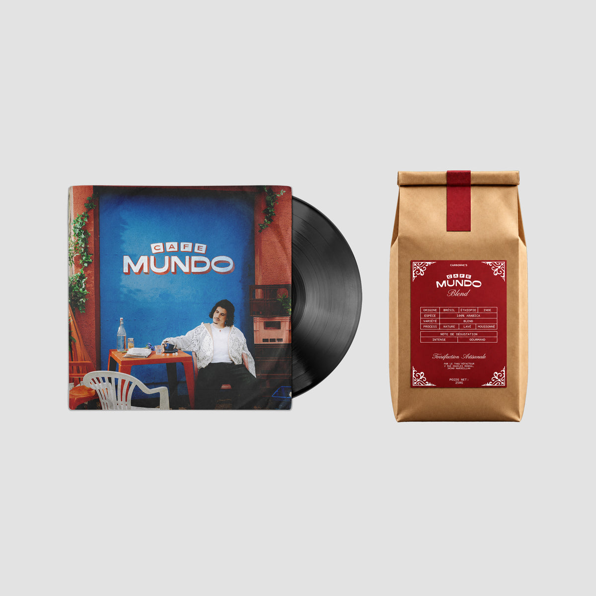 Pack vinyle Cafe Mundo et paquet de café Carbonne